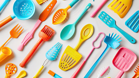 A colorful array of plastic kitchen utensils spread out on a white background.の素材