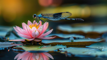 A colorful dragonfly sitting on a lily pad in a serene pond.の素材