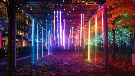 A colorful light installation in an urban area.の素材