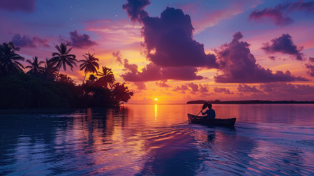 A couple enjoying a romantic sunset canoe ride in a tranquil lagoon.の素材