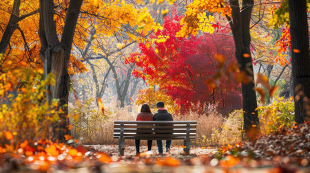 A couple sitting on a park bench surrounded by vibrant fall foliage, enjoying the crisp air.の素材