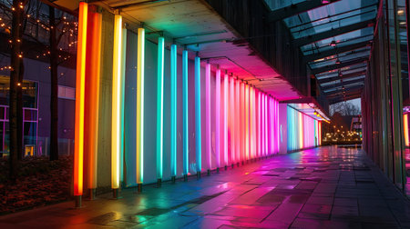 A colorful light installation in an urban area.の素材