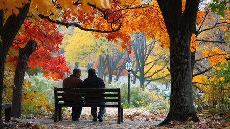 A couple sitting on a park bench surrounded by vibrant fall foliage, enjoying the crisp air.の素材