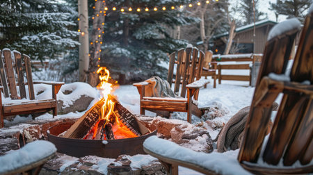 A cozy fire pit surrounded by snow, with chairs and blankets nearby.の素材