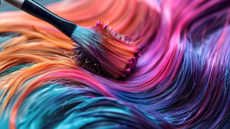 A close-up of vibrant hair dye being applied to a section of hair with a brush.の素材
