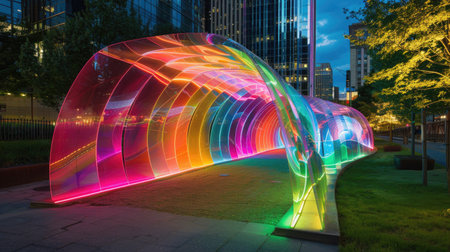 A colorful light installation in an urban area.の素材