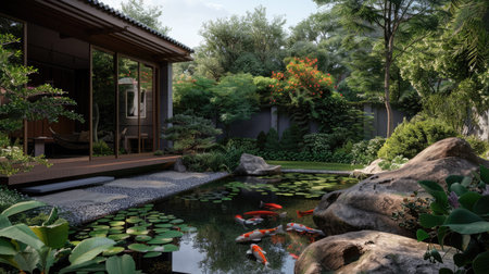 A garden house with a tranquil koi pond in the garden, adding a touch of serenity.の素材