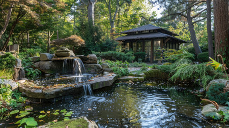 A garden house with a tranquil water feature in the garden, adding to the peaceful ambiance.の素材