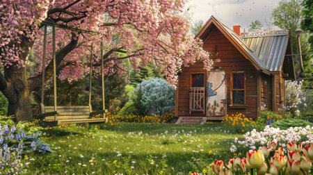 A garden house with a quaint wooden swing in the front yard, surrounded by blooming flowers.の素材