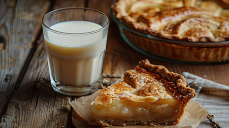 A glass of milk with a slice of homemade pie on a rustic wooden table.の素材