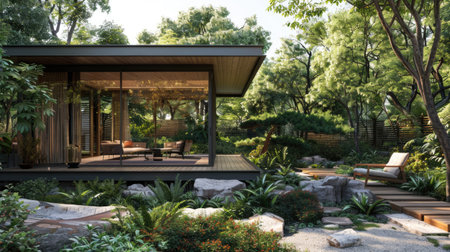A garden house with a tranquil meditation garden, designed for relaxation and mindfulness.の素材