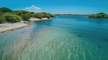 A lagoon with a sandy beach and clear, shallow water, ideal for wading and exploring.の素材