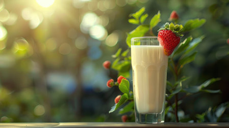 A glass of milk with a strawberry on the rim, set against a background of a summer garden.の素材