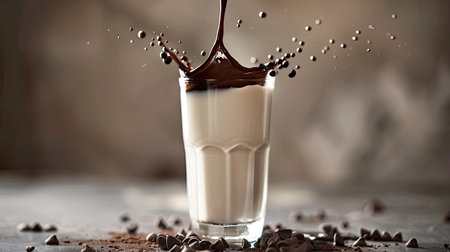 A glass of milk with a splash of chocolate syrup being poured in.の素材
