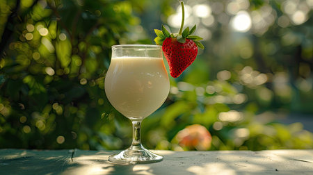 A glass of milk with a strawberry on the rim, set against a background of a summer garden.の素材