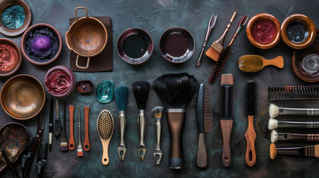 A hair coloristaes table with an assortment of dyes, brushes, and mixing bowls.の素材