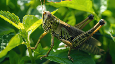 A grasshopper camouflaged among the green leaves of a garden.の素材