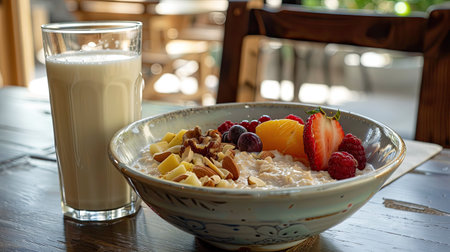 A glass of milk next to a bowl of oatmeal topped with fresh fruits and nuts.の素材