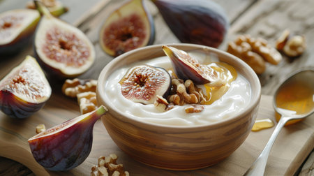 A healthy breakfast of Greek yogurt with honey, walnuts, and fresh figs.の素材