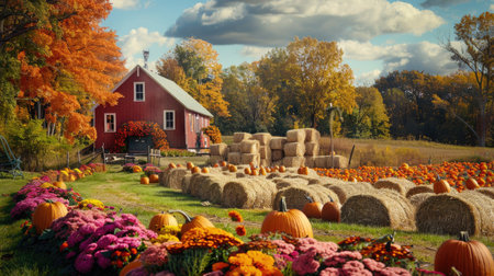A harvest festival scene with hay bales, pumpkins, and colorful mums.の素材