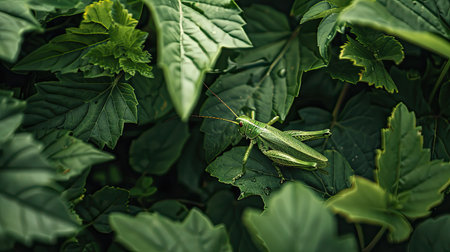A grasshopper camouflaged among the green leaves of a garden.の素材