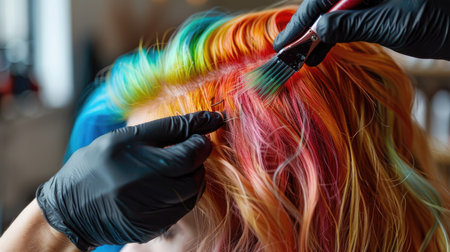 A hair colorist applying rainbow highlights to a client's hair for a bold look.の素材