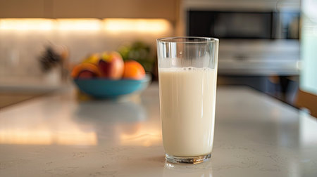 A glass of milk on a modern kitchen island, with a fruit bowl in the background.の素材