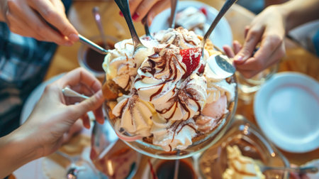A group of friends sharing a large ice cream sundae with multiple spoons.の素材