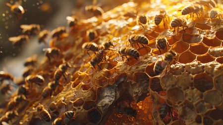 A honeybee hive with bees actively working and honeycombs visible.の素材
