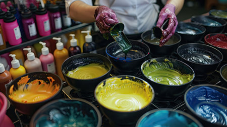 A hair colorist mixing different shades of hair dye in bowls on a workstation.の素材
