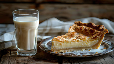 A glass of milk with a slice of homemade pie on a rustic wooden table.の素材