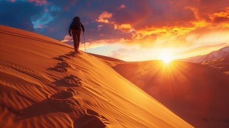 A hiker climbing a steep sand dune with the sun setting in the background.の素材