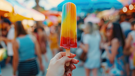 A hand holding a colorful ice cream popsicle with a background of a summer festival.の素材