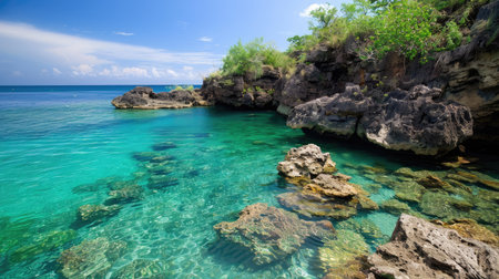 A hidden lagoon with a rocky shoreline and clear, blue-green water, perfect for snorkeling.の素材