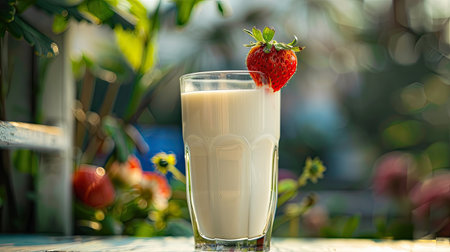 A glass of milk with a strawberry on the rim, set against a background of a summer garden.の素材