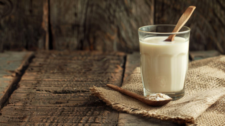 A glass of milk with a wooden spoon stirring, set on a rustic table.の素材