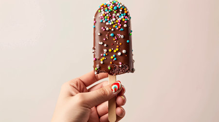 A hand holding a chocolate-dipped ice cream bar with sprinkles.の素材