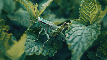 A grasshopper camouflaged among the green leaves of a garden.の素材