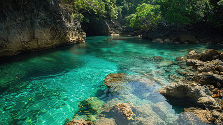 A hidden lagoon with a rocky shoreline and clear, blue-green water, perfect for snorkeling.の素材