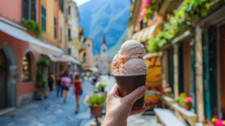 A hand holding a cup of gelato with two scoops, in front of a picturesque Italian street.の素材