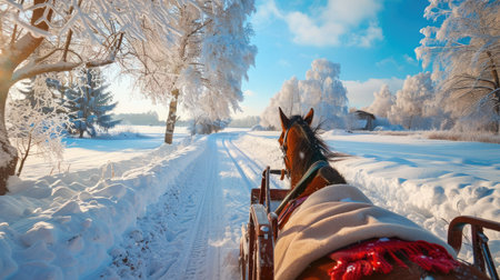A horse-drawn sleigh ride through a snowy countryside with blankets and hot cocoa.の素材