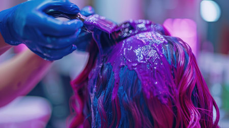 A hairstylist applying vibrant purple dye to a client's hair in a chic salon.の素材