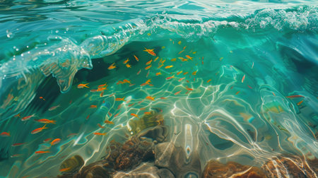 A lagoon with gentle waves and colorful fish visible just beneath the surface.の素材