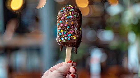 A hand holding a chocolate-dipped ice cream bar with sprinkles.の素材