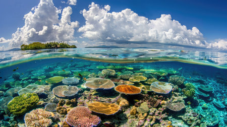 A lagoon with a vibrant coral reef visible beneath the surface, teeming with marine life.の素材