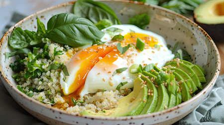 A healthy breakfast bowl with quinoa, avocado, poached eggs, and fresh greens.の素材
