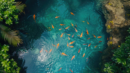 A lagoon with a diverse array of tropical fish swimming near the surface, visible from above.の素材