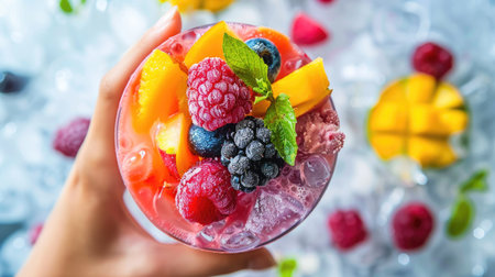 A hand holding a cup of colorful sorbet with fresh fruit garnishes.の素材