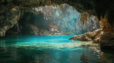 A hidden lagoon accessible through a cave, with sunlight illuminating the turquoise water.の素材