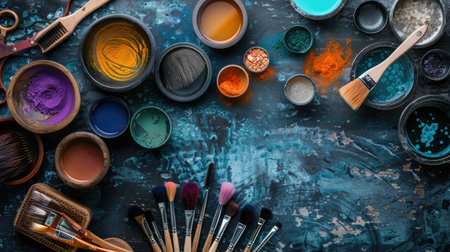 A hair coloristaes table with an assortment of dyes, brushes, and mixing bowls.の素材
